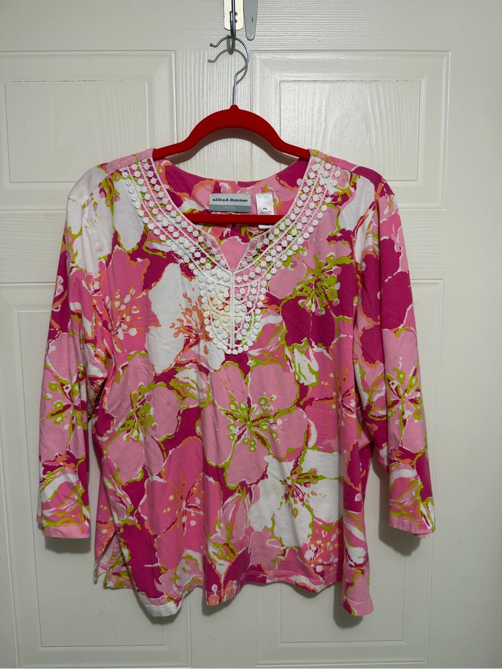 Alfred Dunner Pink Floral Crochet-Trim Top
